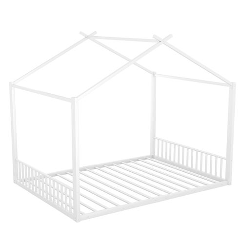 Lit Enfant Cabane Blanc 140x200 Cm En Métal, Pour Chambre