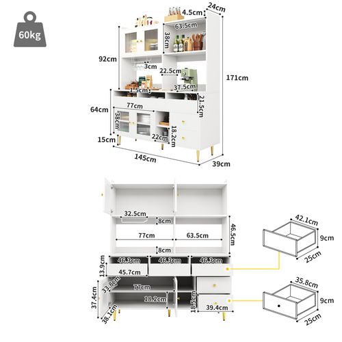 Buffet Blanc 145 X 39 X 171 Cm Avec Verre Rainuré Pour Salle à Manger