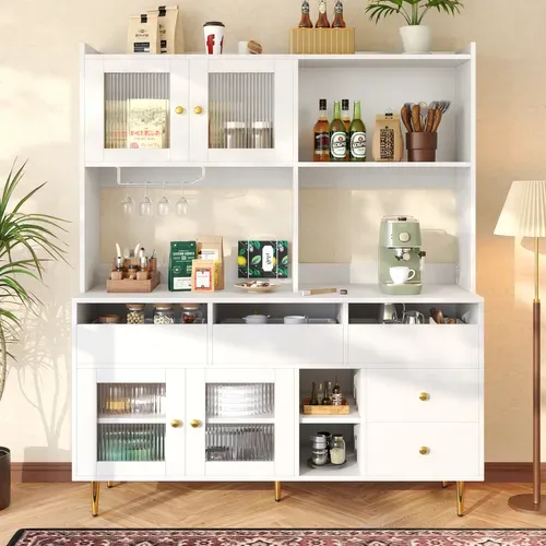 Buffet Blanc 145 X 39 X 171 Cm Avec Verre Rainuré Pour Salle à Manger