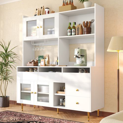 Buffet Blanc 145 X 39 X 171 Cm Avec Verre Rainuré Pour Salle à Manger
