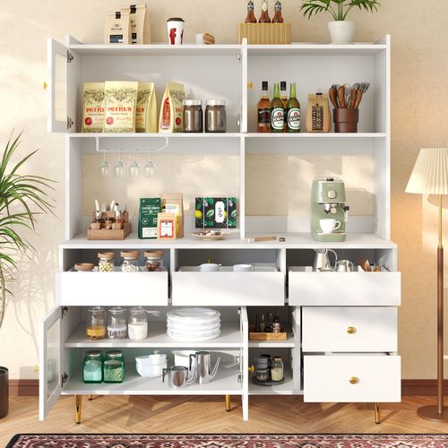 Buffet Blanc 145 X 39 X 171 Cm Avec Verre Rainuré Pour Salle à Manger