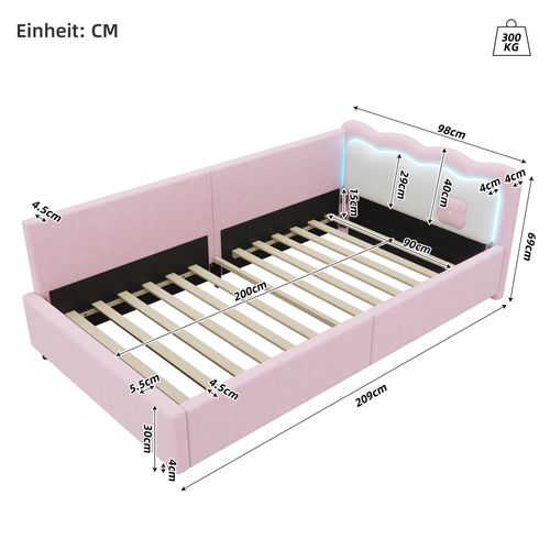 Lit Rose 90x200 Cm Avec Éclairage LED D’ambiance Pour Chambre