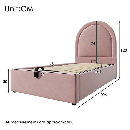 Lit Enfant Coffre Rose En Velours 90x200 Cm Avec Tête De Lit Arc