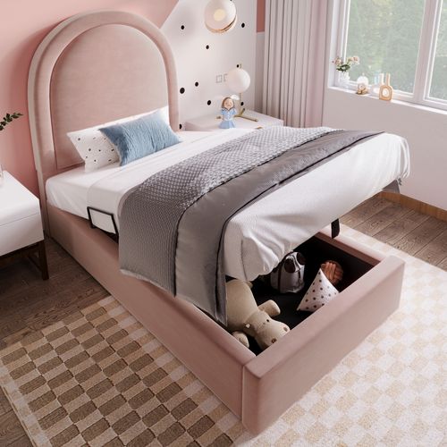 Lit Enfant Coffre Rose En Velours 90x200 Cm Avec Tête De Lit Arc