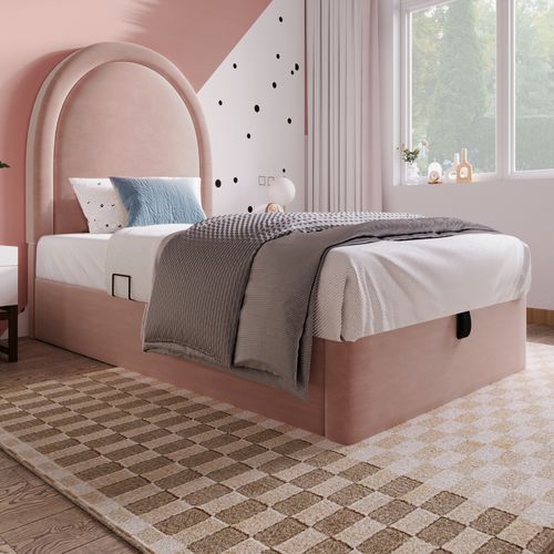 Lit Enfant Coffre Rose En Velours 90x200 Cm Avec Tête De Lit Arc