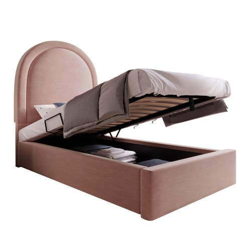 Lit Enfant Coffre Rose En Velours 90x200 Cm Avec Tête De Lit Arc