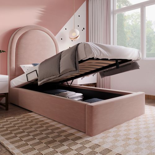 Lit Enfant Coffre Rose En Velours 90x200 Cm Avec Tête De Lit Arc