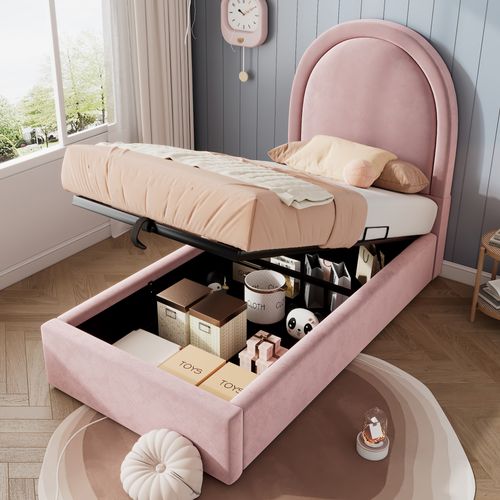 Lit Enfant Coffre Rose En Velours 90x200 Cm Avec Tête De Lit Arc