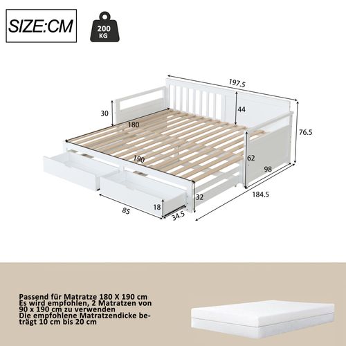 Lit Blanc 90/180 X 190 Avec Tiroirs Et Lit Gigogne, Convertible