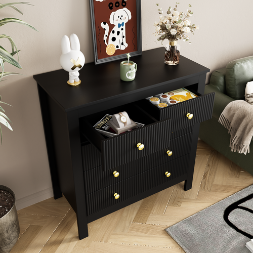 Commode Noire 5 Tiroirs 79 Cm Pour Rangement