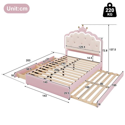 Lit Enfant Capitonné Rose 140x200 Cm Avec Sommier Et Lit Gigogne