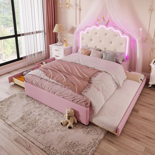 Lit Enfant Capitonné Rose 140x200 Cm Avec Sommier Et Lit Gigogne
