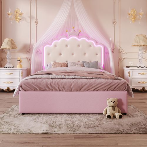 Lit Enfant Capitonné Rose 140x200 Cm Avec Sommier Et Lit Gigogne
