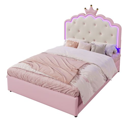 Lit Enfant Capitonné Rose 140x200 Cm Avec Sommier Et Lit Gigogne