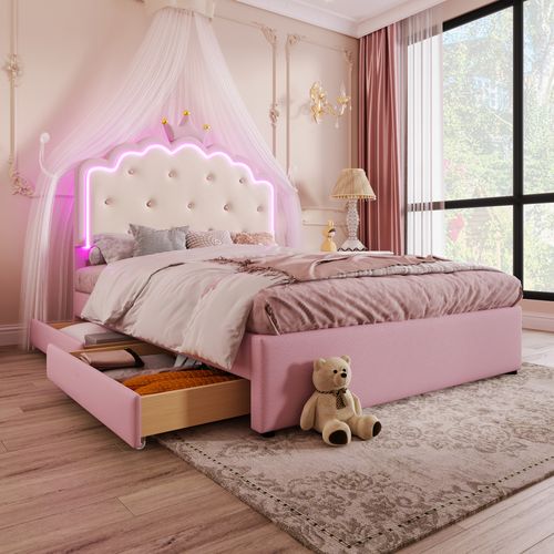 Lit Enfant Capitonné Rose 140x200 Cm Avec Sommier Et Lit Gigogne