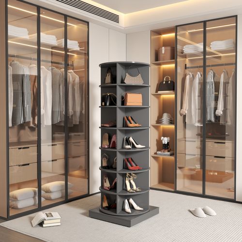 Meuble à Chaussures Rotatif 360° 28 Paires Avec Structure En Mdf Gris