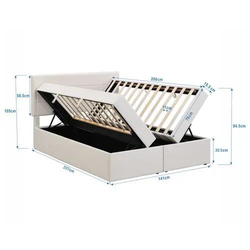 Lit Coffre 140x200 Cm Avec Sommier Relevable Tissu Beige