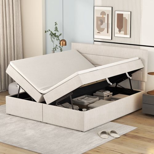 Lit Coffre 140x200 Cm Avec Sommier Relevable Tissu Beige