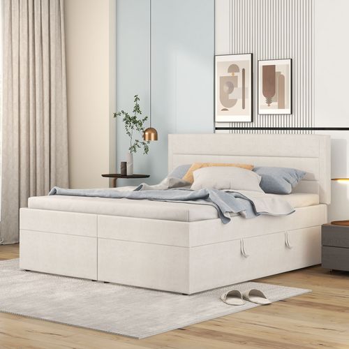 Lit Coffre 140x200 Cm Avec Sommier Relevable Tissu Beige