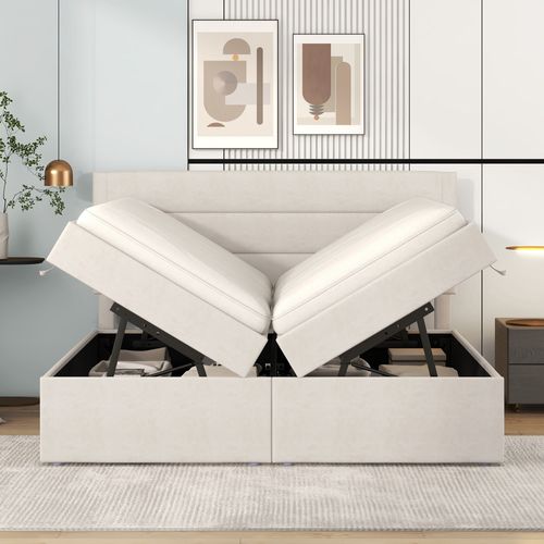Lit Coffre 140x200 Cm Avec Sommier Relevable Tissu Beige