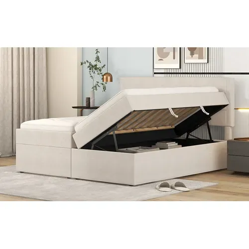 Lit Coffre 140x200 Cm Avec Sommier Relevable Tissu Beige