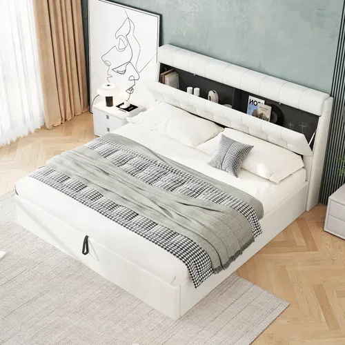 Lit Coffre 160x200 Cm Avec Structure Relevable Hydraulique En Pu Blanc