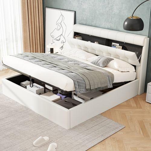 Lit Coffre 160x200 Cm Avec Structure Relevable Hydraulique En Pu Blanc