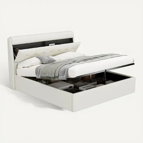 Lit Coffre 160x200 Cm Avec Structure Relevable Hydraulique En Pu Blanc