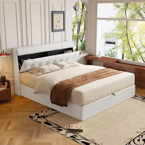 Lit Coffre 160x200 Cm Avec Structure Relevable Hydraulique En Pu Blanc