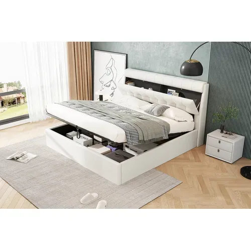 Lit Coffre 160x200 Cm Avec Structure Relevable Hydraulique En Pu Blanc