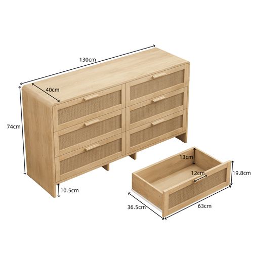 Commode 130 Cm Avec 6 Tiroirs En Rotin Et Structure En Panneaux De Particules Naturel