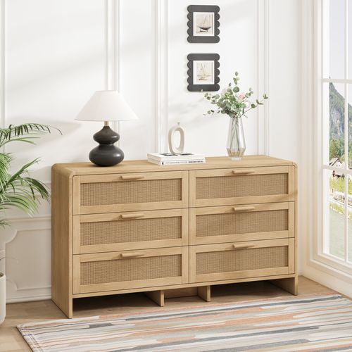 Commode 130 Cm Avec 6 Tiroirs En Rotin Et Structure En Panneaux De Particules Naturel