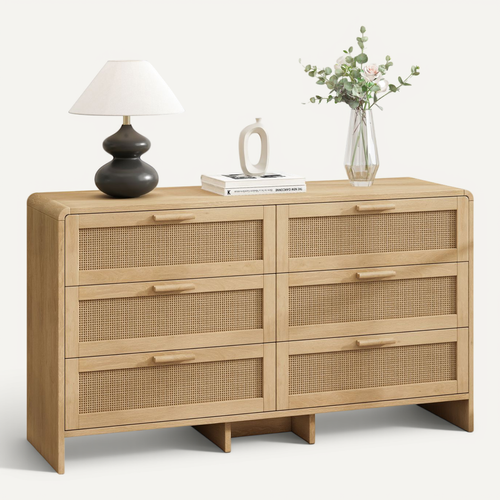 Commode 130 Cm Avec 6 Tiroirs En Rotin Et Structure En Panneaux De Particules Naturel