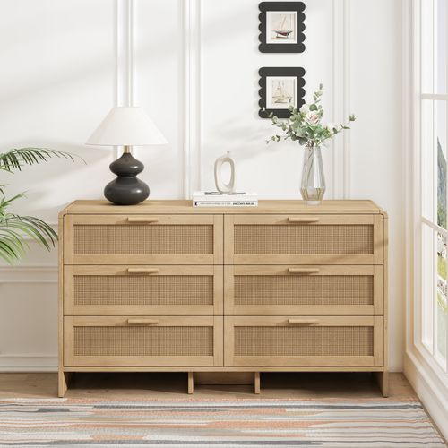 Commode 130 Cm Avec 6 Tiroirs En Rotin Et Structure En Panneaux De Particules Naturel