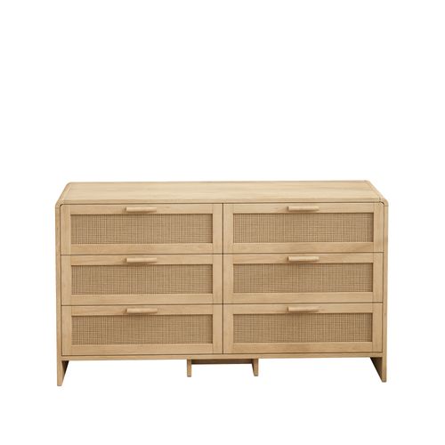 Commode 130 Cm Avec 6 Tiroirs En Rotin Et Structure En Panneaux De Particules Naturel