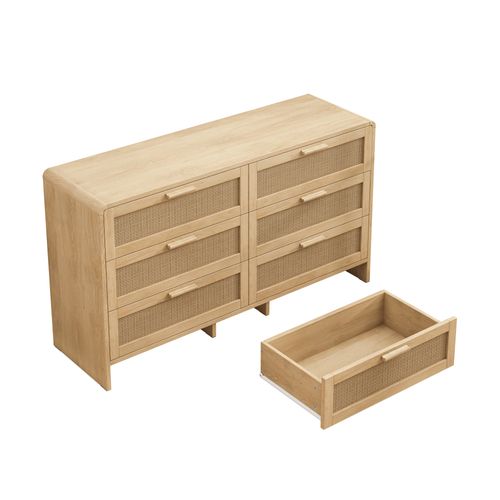 Commode 130 Cm Avec 6 Tiroirs En Rotin Et Structure En Panneaux De Particules Naturel