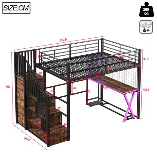 Lit Mezzanine Noir 140x200 Cm Avec Bureau, Armoire Et étagères