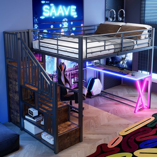 Lit Mezzanine Noir 140x200 Cm Avec Bureau, Armoire Et étagères