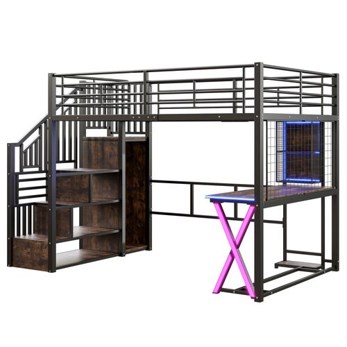 Lit Mezzanine Noir 140x200 Cm Avec Bureau, Armoire Et étagères