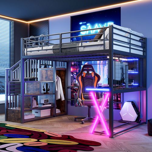 Lit Mezzanine Noir 140x200 Cm Avec Bureau, Armoire Et étagères