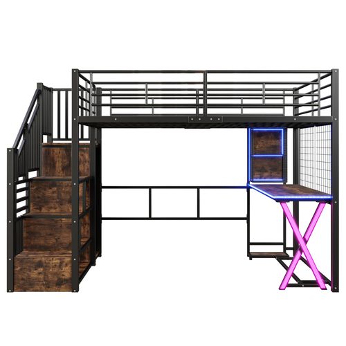 Lit Mezzanine Noir 140x200 Cm Avec Bureau, Armoire Et étagères
