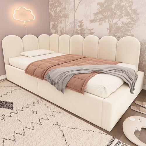 Lit Velours Beige 90x190 Cm Avec Coffre Hydraulique Pour Chambre