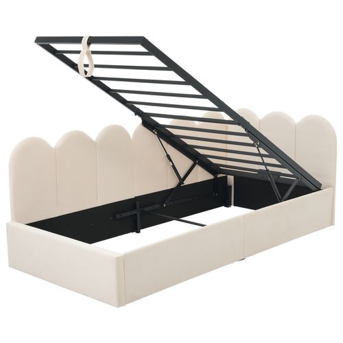 Lit Velours Beige 90x190 Cm Avec Coffre Hydraulique Pour Chambre
