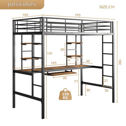 Lit Mezzanine 90x190 Cm Avec Structure Métallique Noir