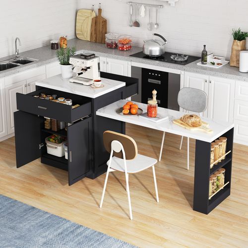 Îlot De Cuisine Noir Effet Marbre Blanc Avec Table Extensible 211 X 55 X 89,5 Cm
