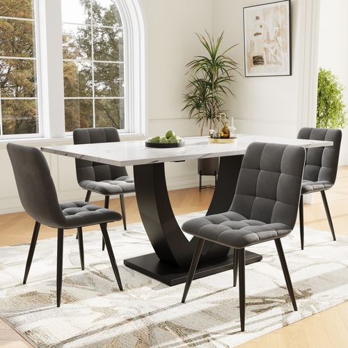 Ensemble Table à Manger Marbre Blanc 140 Cm Avec 4 Chaises En Velours
