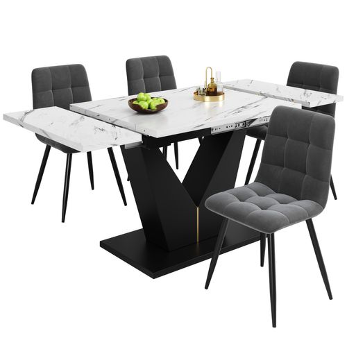 Ensemble Table à Manger Marbre Blanc 140 Cm Avec 4 Chaises En Velours