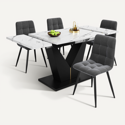 Ensemble Table à Manger Marbre Blanc 140 Cm Avec 4 Chaises En Velours