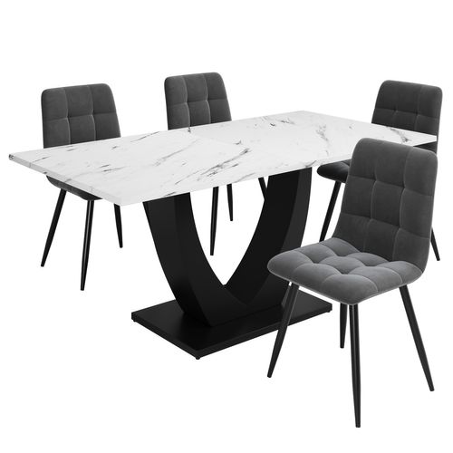 Ensemble Table à Manger Marbre Blanc 140 Cm Avec 4 Chaises En Velours