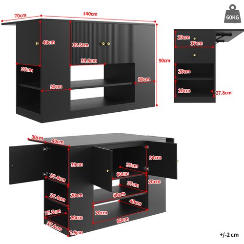 Îlot De Cuisine Noir 140 X 40 X 90 Cm Avec Plateau Rabattable Et Rangement